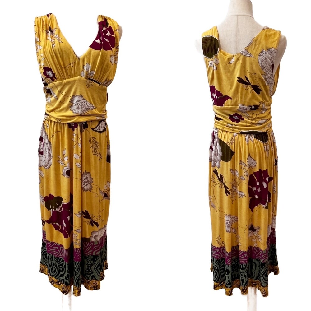 Anthropologie Rene Derhy Yellow Floral Midi Dress Sleeveless Medium